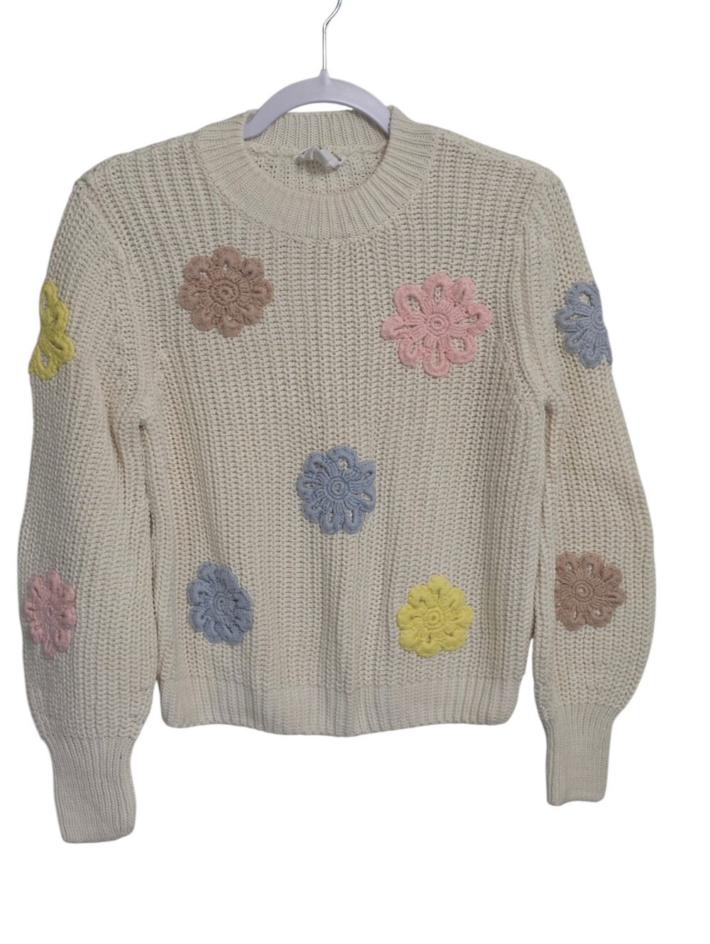 Willow & Wind White 3D Pastel Daisy Sweater S Boho Cottage Coquette